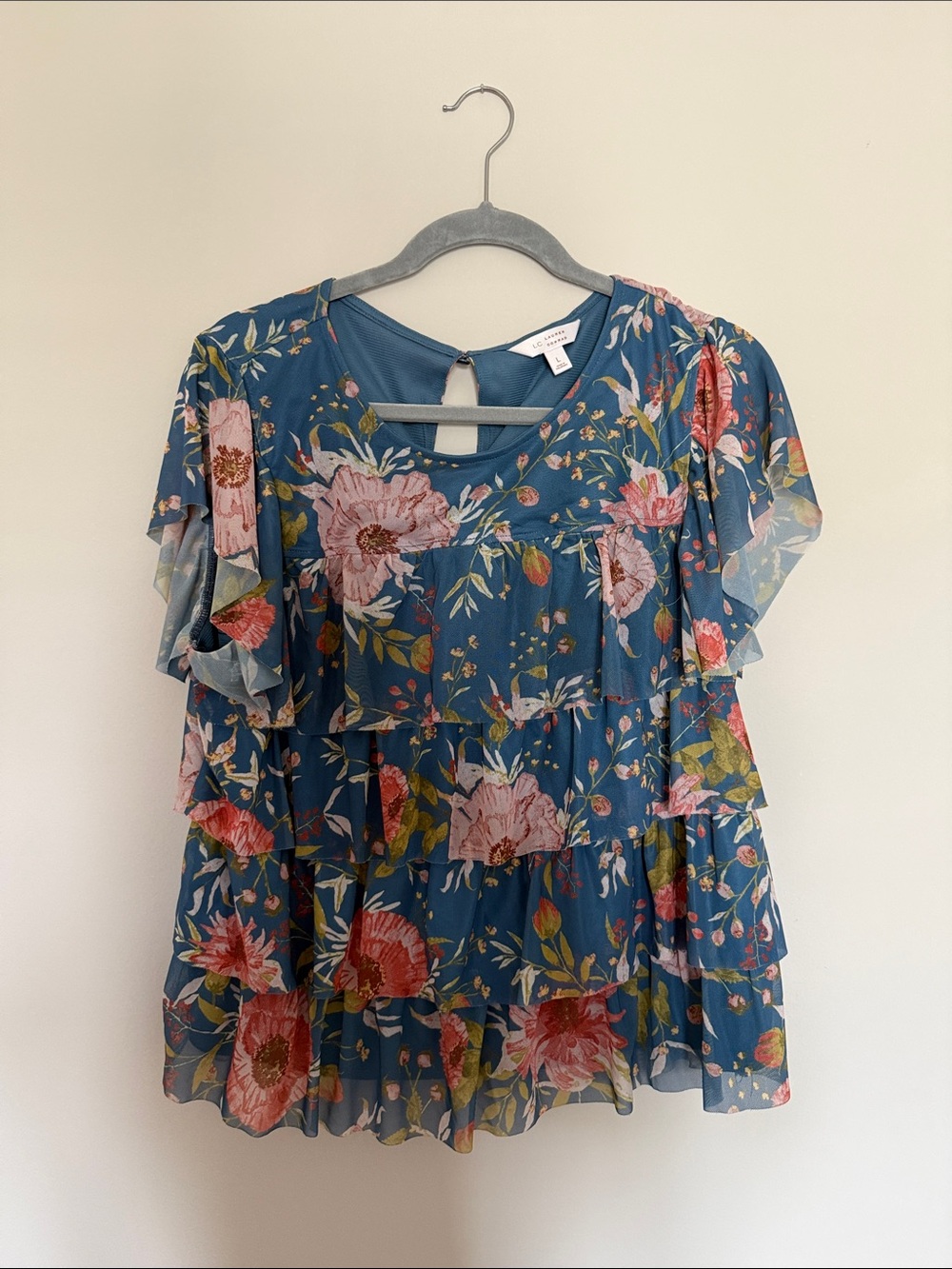 LC Lauren Conrad Blue Floral Tiered Ruffle Blouse